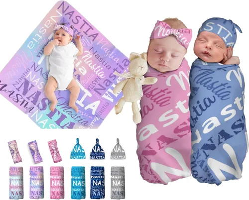Miniatura 8 de Juego de manta personalizada para bebé con diadema acogedora y sombrero para niñas y niños recién nacidos, manta personalizada con nombre de bebé