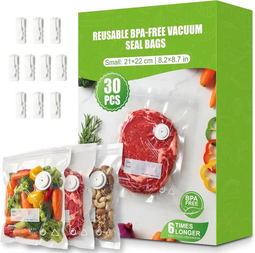 RIWUSI 30 bolsas selladoras al vacío reutilizables para alimentos con válvula de aire y 10 clips de sellado, pequeñas (8.2 x 8.7 pulgadas), bolsas