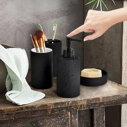 Miniatura 5 de Juego de Accesorios de Baño Negro Mate, Juego de Baño de Cerámica con Relieve de 4 Piezas Completo - Portacepillos de Dientes, Dispensador de Jabón