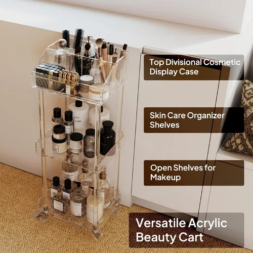 Miniatura 4 de Aquiver Organizador de Maquillaje Acrílico Carrito de Almacenamiento - Carrito de Maquillaje Rodante de 3 Niveles Organizador de Tocador - Estuches
