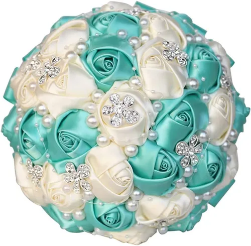 Miniatura 22 de Sharebeauty Ramo de novia de satén hecho a mano de 5.9 pulgadas, ramo de boda, ramo de flores artificiales, color azul claro + blanco W224