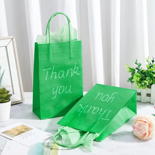 Miniatura 7 de DjinnGlory Paquete de 24 pequeñas bolsas de regalo de papel verde con asas y papel de seda para recuerdos de fiesta, golosinas, pequeñas empresas