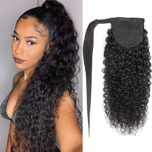 Miniatura 34 de Extensiones de pelo rizado con cordón para cola de caballo, extensiones de cabello humano para mujer con dos clips 1B# 120g/set (71cm)