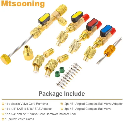 Miniatura 6 de Kit de instalación de removedor de núcleo de válvula R12 R22 R410A, 3 válvulas de bola SAE de 45° 1/4 pulgadas, 10 núcleos de válvula, 2 puertos