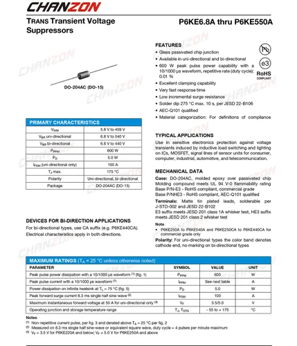 Miniatura 2 de Paquete de 50 unidades Chanzon TVS Diodos P6KE15CA 600W 15V DO-15 (DO-204AC) Canal axial bidireccional 600 vatios 15 voltios