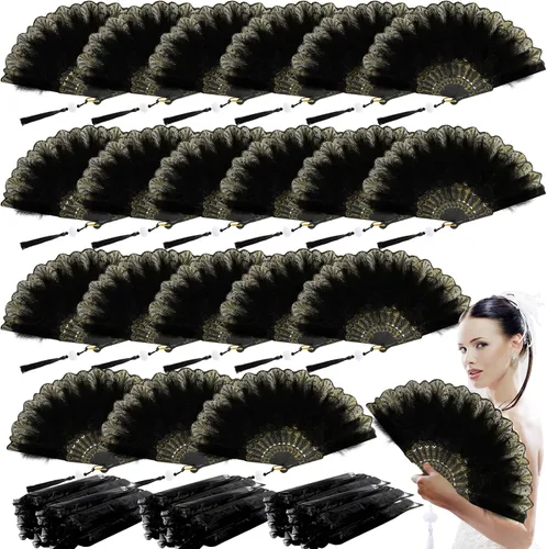 Barydat 24 juegos de abanicos de plumas de marabú a granel vintage de los años 20 de encaje bordado a mano abanico plegable con bolsa de organza