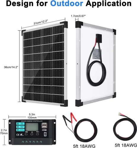 Miniatura 5 de TBER Kit de panel solar de 20 W 12 V, cargador de batería solar con controlador de carga de 10 A y cables de extensión con clips de batería