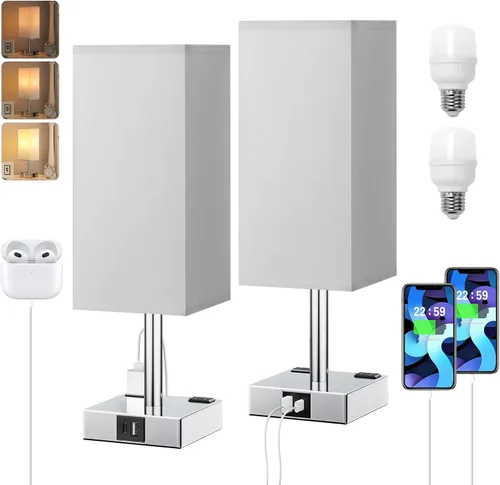 Miniatura 17 de Lámpara de mesa de noche táctil, con pantalla, puertos de carga USB C+A y salidas de CA duales, para dormitorio, sala de estar, oficina
