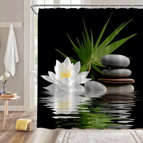 Cortina de ducha de loto de spa con flores de loto blanco, piedras negras, lirio de agua, hojas de palma, verde, estilo japonés, relajante,