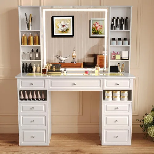 Miniatura 4 de Wildhome Escritorio de tocador de maquillaje con espejo y luces, mesa de tocador grande de 47 pulgadas con 9 cajones y 10 estantes de almacenamiento
