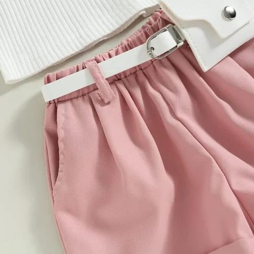 Miniatura 6 de Conjunto de ropa de verano para niña pequeña, con volantes, sin mangas, acanalada, pantalones cortos de cintura elástica con cinturón, ropa de moda