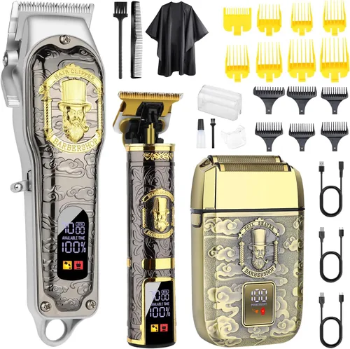 HIENA PRO Juego de cortapelos profesional para hombres, juego de cortaúñas y recortadoras inalámbricas recargables, afeitadoras eléctricas de