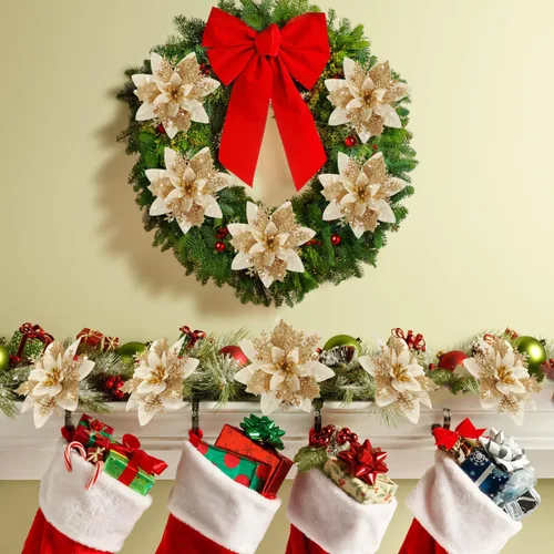 Miniatura 2 de Decoración de Flores de Pascua de Navidad - 12 Piezas de Flores de Pascua Artificiales Rojas Doradas Ornamentos para Árbol de Navidad con Purpurina