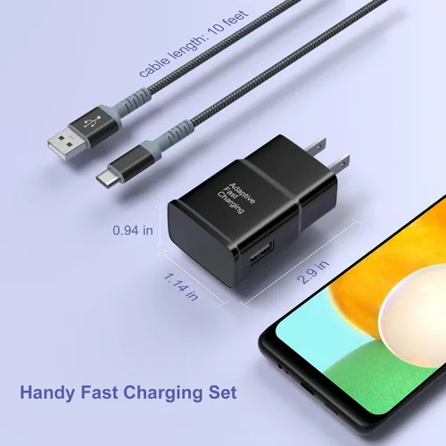 Miniatura 5 de Cargador de pared de carga rápida adaptable con cable USB C de 10 pies, cargador rápido USB tipo C compatible con Galaxy S25 S24 S23 Ultra A15 A13
