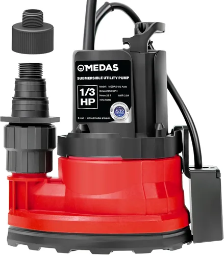 MEDAS Bomba sumergible automática de 1/3 HP 2450 GPH, encendido/apagado automático con sensor inteligente, drena a 0.04 pulgadas, bomba de agua