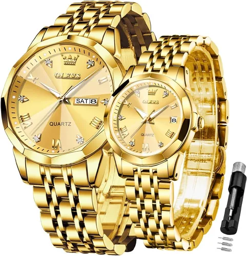 Miniatura 16 de OLEVS Juego de 2 relojes de cuarzo para parejas de San Valentín, calendario luminoso, ventana de fecha, 3 ATM, impermeable, casual, acero