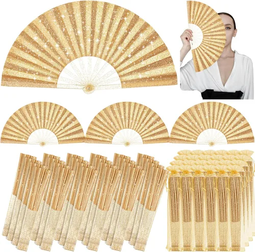 Miniatura 13 de Vercraft 24 abanicos de mano plegables grandes con purpurina para baile de línea, fanáticos de baile con bolsa, aplaudiendo, raves, fanáticos a Rosa