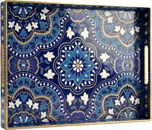 Miniatura 13 de Bandeja decorativa, bandeja de plástico de mármol con asas, bandeja rectangular de tocador y bandeja para servir para baño, cocina, otomana y mesa