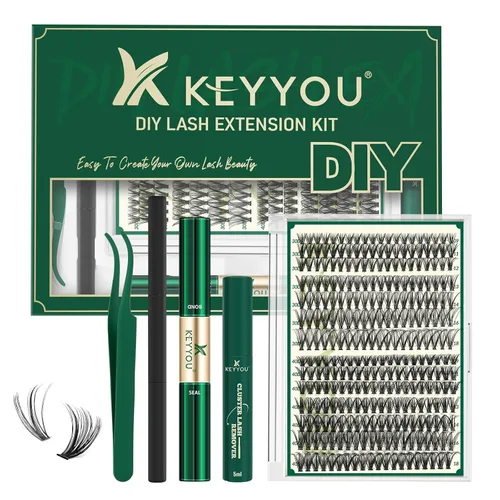 Miniatura 35 de Kit de extensión de pestañas DIY KEYYOU 300 piezas, kit de racimos de pestañas con removedor de pegamento y aplicador, fácil de usar
