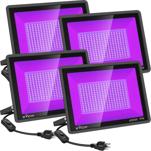 Miniatura 8 de XYCN Paquete de 4 luces LED de inundación negras de 200 W, luz negra UV de 395 nm a 405 nm al aire libre de alta potencia con enchufe, luz negra