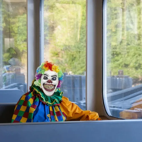 Miniatura 2 de PartyHop Máscara de payaso con peluca de látex de mandíbula móvil de cabeza completa, máscara de terror aterrador, vestido elegante para Halloween