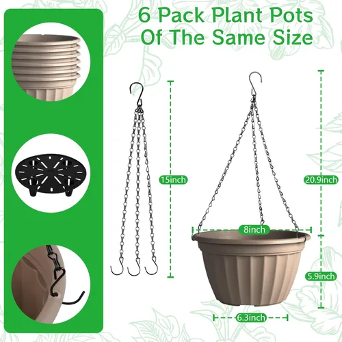 Miniatura 4 de FGstyle Paquete de 6 macetas colgantes de 8 pulgadas, macetas de riego automático para plantas de interior, cesta colgante de plástico con elevador