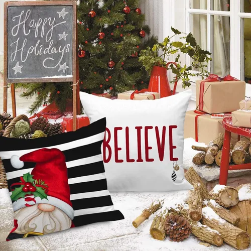 Miniatura 5 de Lanpn Juego de 4 fundas de almohada decorativas de invierno para exteriores de 26 x 26 pulgadas, impermeables, gnomo de muñeco de nieve rojo