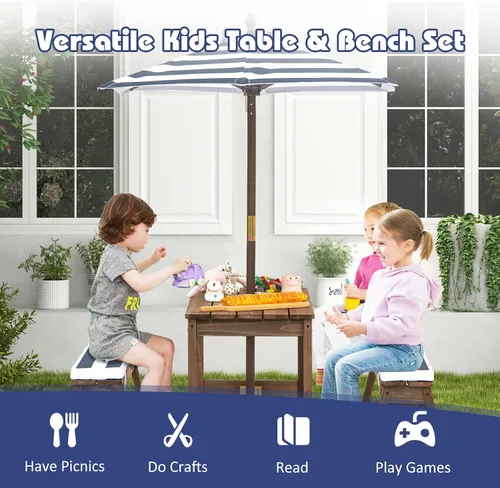 Miniatura 5 de Costzon Mesa de Picnic para Niños, Juego de Mesa y Silla de Madera para Niños Pequeños con Cojines, Sombrilla de Altura Ajustable, Mesa