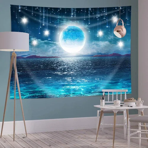 Miniatura 2 de Tapiz grande para colgar en la pared, diseño de cielo estrellado, océano, luna y estrellas, para el hogar, galaxia cósmica 3D, decoración