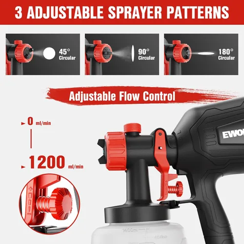 Miniatura 3 de EWORK Pulverizador de pintura de 1000 W HVLP pistola de pintura eléctrica, 180 Din/s, sin adelgazamiento, capacidad de 47.3 fl oz, 4 boquillas y 3