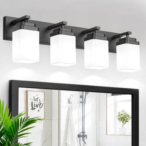 Lámparas de baño de oro cepillado, 4 luces de baño sobre el espejo, diseño cuadrado y placa trasera grande rectangular, accesorios de iluminación