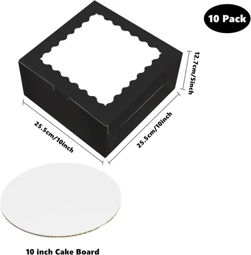 Miniatura 2 de 10 cajas para pasteles de 10 pulgadas con tablas para pasteles y cinta negra, cajas de panadería con ventana de 10 x 10 x 5 pulgadas, recipientes