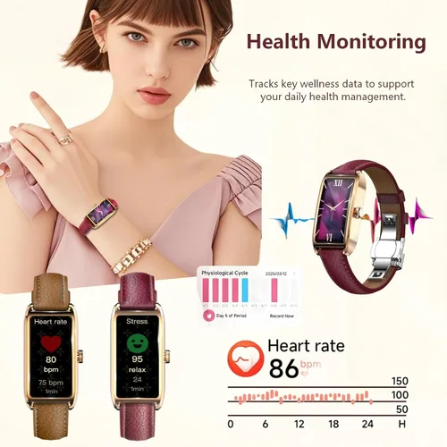 Miniatura 2 de Amoled Laies - Reloj inteligente para mujer, reloj inteligente con correa de piel, monitor de ritmo cardíaco, estrés, sueño, 12 modos deportivos