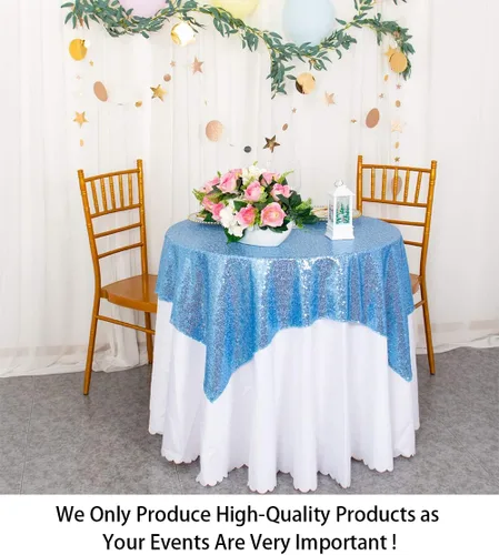 Miniatura 2 de ShinyBeauty Mantel Cuadrado Pequeño de 36 x 36 Pulgadas Mantel de Lentejuelas Azul Bebé Cubierta de Mesa con Purpurina Superposición Cuadrada