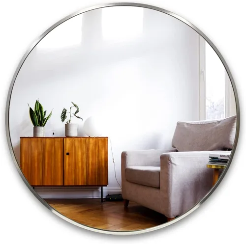 Espejo redondo de tocador con marco de níquel cepillado (30 pulgadas), moderno montaje en pared, decoración del hogar de vidrio para baño sobre el
