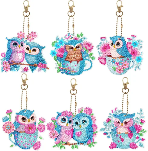 LUSandy Juego de 6 llaveros de pintura de diamante con diseño de búho y flores azules 5D para adultos, diseño especial de búho de doble cara con