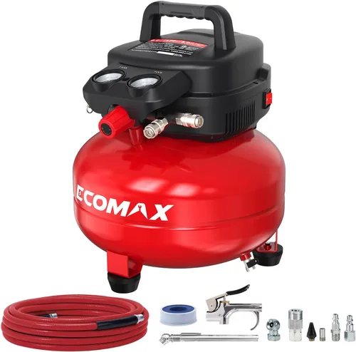 Miniatura 9 de ECOMAX Compresor de aire 6 galones 150 PSI portátil redondo libre de aceite con kit de accesorios de 10 piezas
