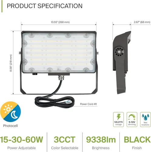 Miniatura 2 de ASD Reflector LED para exteriores con fotocélula del atardecer al amanecer, hasta 9421 lm, 15W/30W/60W seleccionable, 120-277V, 3000K/4000K/5000K