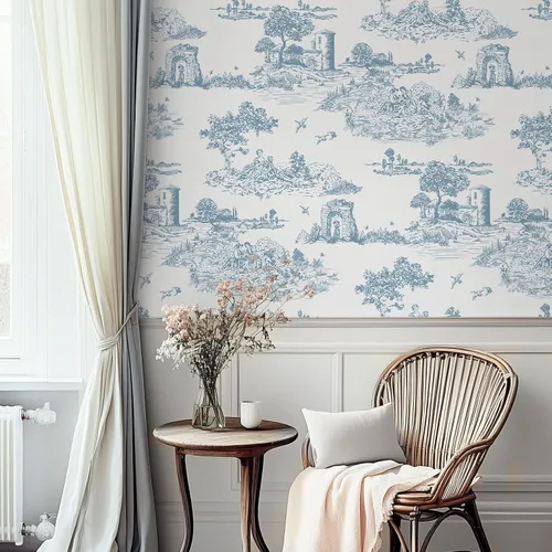 Miniatura 2 de WENMER Toile de Jouy - Papel de contacto Toile de Jouy, papel tapiz azul y blanco, papel adhesivo vintage de país francés para dormitorio, sala