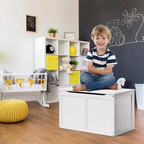 Miniatura 6 de Costzon Caja de juguetes de madera para niños, baúl y banco de almacenamiento para niños con tapa abatible, bisagras, organizador de almacenamiento