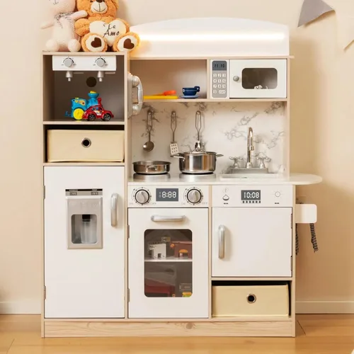 HONEY JOY Juego de cocina para niños con luces, juego de cocina de madera con 2 contenedores de almacenamiento, cafetera, microondas, máquina de