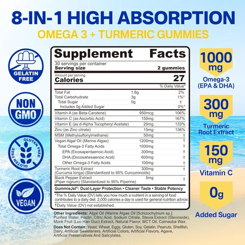 Miniatura 2 de Gomitas omega-3 + cúrcuma, alternativa de aceite de pescado Omega 3 para adultos, algas DHA de 600 mg y EPA 300 mg, vitaminas A, C, E, zinc y MSM