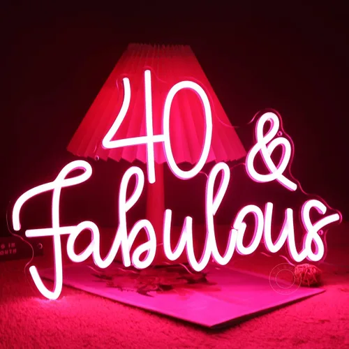 SYLHOME Letrero de luz de neón LED rosa de 40 y fabuloso, letrero de decoración de pared para fiesta de cumpleaños de cuarenta años, letrero de