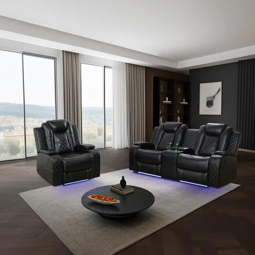 Miniatura 32 de Juego de sofá modular reclinable eléctrico con luz LED, juego de sofá modular reclinable de cuero, incluye sillón reclinable individual, juego