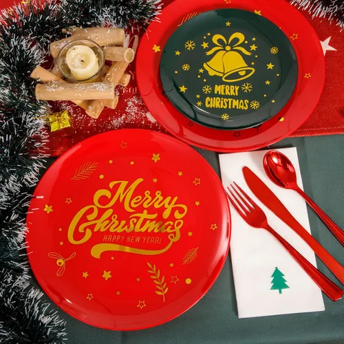 Miniatura 7 de WDF 175 piezas de platos de Navidad de plástico desechables - 25 platos verdes, 25 platos rojos con campanas doradas, 75 cubiertos de plástico Bell