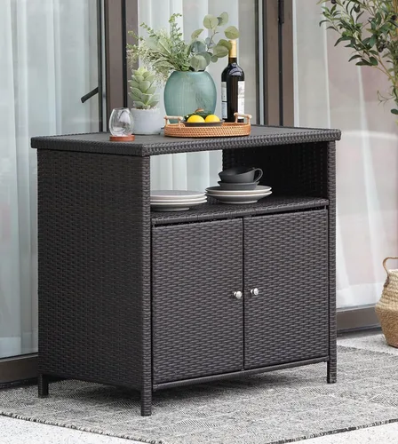 Miniatura 2 de Grand patio Gabinete de almacenamiento de mimbre al aire libre impermeable gabinete de buffet mesa de patio con dos puertas y estantes, aparador