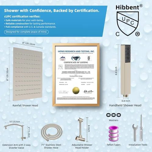 Miniatura 4 de Hibbent Cabezal de ducha de lluvia de 8 pulgadas de metal completo Certificado CUPC, Combo de cabezal de ducha doble, varita de ducha manual de alta
