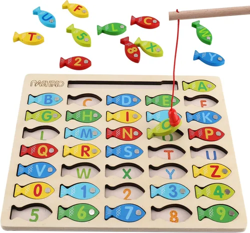 Juguete Magnético de Pesca de Madera para Niños Pequeños, Juegos de Pesca y Conteo de Peces del Alfabeto, Rompecabezas con Números y Letras,