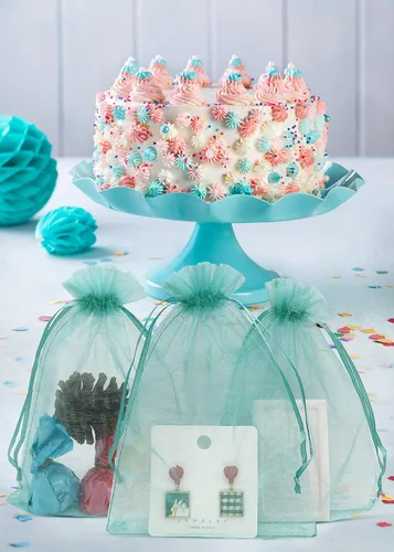 Miniatura 7 de Jexila 100 bolsas de organza verde azulado transparente de 4''x6' pulgadas, pequeñas bolsas de regalo de joyería con cordón de malla para baby
