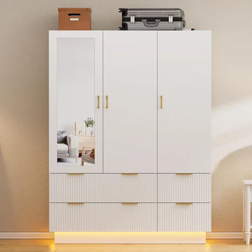 PAKASEPT Armario de 3 puertas, armario de dormitorio con espejo y luces LED, barra para colgar, cajones, armario de almacenamiento de gran capacidad